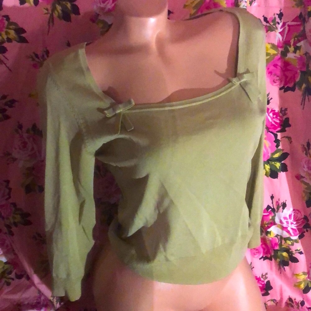 INC jade green bows pinup blouse work career 3/4